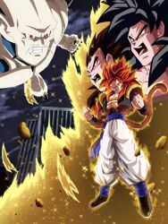 4boys aura bare_shoulders black_hair black_vest blue_eyes blue_sash body_fur brown_fur clenched_hands clenched_teeth cropped_vest dragon dragon_ball dragon_ball_gt full_body gogeta highres long_hair male_focus metamoran_vest multiple_boys muscular muscular_male no_shirt omega_shenron open_clothes open_mouth open_vest pants pink_fur powering_up red_fur red_hair sash screaming son_goku spiked_hair teeth urotakanata02 vegeta vest white_pants yellow_eyes