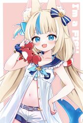 1girl absurdres animal_ear_fluff animal_ears belt blonde_hair blue_eyes blue_hair blush bow breasts commentary cowboy_shot crab denim denim_shorts english_commentary fang hair_bow highres indie_virtual_youtuber kaniki_(sameko_saba) kkz_(kkzirius) loli long_hair looking_at_viewer midriff multicolored_hair navel open_mouth sameko_saba short_shorts shorts skin_fang sleeveless small_breasts smile solo stomach streaked_hair tail twintails two-tone_hair very_long_hair virtual_youtuber