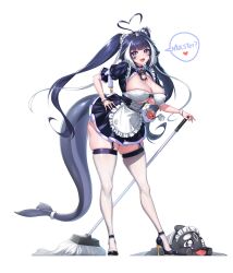 1girl absurdres ahoge black_dress black_hair black_tail breasts cetacean_tail cleavage commentary dress english_commentary english_text fins fish_tail full_body garter_straps heart heart_ahoge high_heels highres huge_breasts indie_virtual_youtuber long_hair maid multicolored_hair orca_girl pellpt shylily simple_background skindentation solo_focus tail twintails two-tone_hair virtual_youtuber white_background white_hair