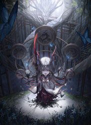 1girl absurdres barefoot bell bell_earrings black_hair black_horns broken_ground bug butterfly circlet commentary_request dragon_girl dragon_horns earrings floating_hair full_body hakama hakama_skirt highres holding holding_sword holding_weapon horns insect japanese_clothes jewelry kariginu long_hair long_sleeves multicolored_hair multicolored_horns nail_polish open_mouth original red_hair red_hakama red_horns red_nails sachi_(160332) skirt solo streaked_hair sword toenail_polish toenails two-tone_hair two-tone_horns v-shaped_eyebrows very_long_hair weapon wide_sleeves yellow_eyes