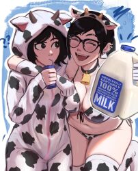 2girls ? ?? ^_^ animal_costume animal_ears animal_print arm_around_neck bell belly bikini black-framed_eyewear black_eyes black_hair blush bottle breast_press breasts cleavage closed_eyes confused cow_costume cow_ears cow_girl cow_hood cow_horns cow_print cow_print_bikini cow_print_gloves cow_print_thighhighs cowbell drinking_straw drinking_straw_in_mouth drunk elbow_gloves excited freckles glasses gloves happy highres holding holding_bottle holding_milk_carton horns hug implied_breast_milk large_breasts looking_at_another milk milk_bottle milk_carton multiple_girls navel open_mouth original plastic_bottle plump print_bikini print_gloves print_thighhighs rosen_(veyonis) saliva saliva_trail sexually_suggestive simple_background swimsuit thick_thighs thighhighs thighs veyonis yuna_(veyonis)