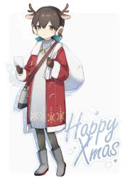 Rule 34 | 1girl, :3, alcohol, alternate costume, animal ears, antlers, bag, black hair, black pantyhose, blue ribbon, boots, brown eyes, brown gloves, coat, commentary request, deer ears, dress, earmuffs, fake animal ears, fake antlers, folded ponytail, full body, fur-trimmed coat, fur trim, gloves, hair ribbon, highres, horns, kantai collection, kasuga maru (kancolle), long hair, merry christmas, pantyhose, paper, red coat, reindeer antlers, ribbon, rubber boots, sake, silver boots, simple background, smile, snowflake print, solo, standing, sweater, sweater dress, swept bangs, white background, white dress, yamashichi (mtseven)