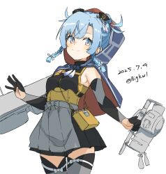1girl absurdres bare_shoulders bigkwl black_gloves blue_eyes blue_hair blush braided_sidelock breasts detached_sleeves gloves grey_thighhighs highres kantai_collection long_hair looking_to_the_side pleated_skirt shimane_maru_(kancolle) skirt small_breasts solo thigh_gap thighhighs turtleneck white_background zettai_ryouiki