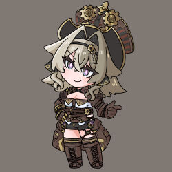 1girl black_shorts boots breasts bright_pupils brown_boots brown_gloves brown_hat chibi cleavage full_body gloves grey_background grey_eyes grey_hair hair_intakes hat highres honkai_(series) honkai_impact_3rd mokkyo_(motkyo) short_shorts shorts simple_background smile solo standing thigh_boots vill-v white_pupils