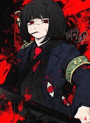 1girl absurdres armband black_hair black_vest blue_jacket bob_cut cigarette closed_mouth collared_shirt green_armband highres holding holding_weapon jacket limbus_company lobotomy_corporation_(identity)_(project_moon) long_sleeves looking_at_viewer project_moon red_background red_eyes ryoshu_(project_moon) scar shima00401 shirt short_hair simple_background solo upper_body vest weapon
