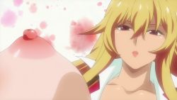 2girls animated animated_gif arms_(studio) blonde_hair bouncing_breasts breasts covered_erect_nipples highres kaneko_hiraku large_breasts large_nipples multiple_girls nipples red_eyes shikishima_mirei tokonome_mamori valkyrie_drive valkyrie_drive_-mermaid- yuri