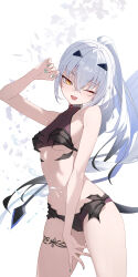 Rule 34 | 1girl, absurdres, bare shoulders, bikini, black bikini, blush, breasts, dragon wings, fate/grand order, fate (series), forked eyebrows, high ponytail, highres, long hair, looking at viewer, melusine (fate), melusine (swimsuit ruler) (fate), melusine (swimsuit ruler) (first ascension) (fate), navel, one eye closed, open mouth, ponytail, sidelocks, small breasts, smile, solo, stomach tattoo, sukaliya, swimsuit, tail, tattoo, thighs, white hair, wings, yellow eyes