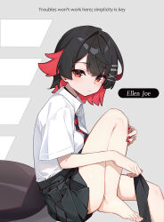 1girl ascot azusa_hina bare_legs black_hair black_socks blush breasts character_name closed_mouth ellen_joe ellen_joe_(on_campus) fins fish_tail foot_out_of_frame hair_ornament holding holding_sock looking_at_viewer red_ascot red_eyes red_nails school_uniform shark_girl shark_tail shirt short_hair short_sleeves simple_background socks tail unworn_socks white_shirt zenless_zone_zero