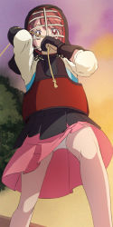 1girl bougu female_focus hanadera_nodoka haruyama_kazunori healin&#039;_good_precure kendo kendo_mask looking_at_viewer outdoors panties pantyshot pink_skirt precure red_eyes red_hair short_hair skirt solo standing underwear white_panties