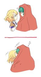 ! 2girls ? blonde_hair cloak eye_contact green_eyes green_hair highres kagiyama_hina kiss looking_at_another mizuhashi_parsee multiple_girls pointy_ears red_cloak rishita short_hair touhou yuri