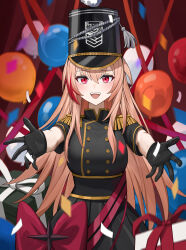 1girl absurdres alternate_costume black_gloves black_hat blonde_hair girls&#039;_frontline gloves hat highres long_hair m4_sopmod_ii_(girls&#039;_frontline) multicolored_hair open_mouth outstretched_arms red_eyes red_hair solo streaked_hair user_rdks7224