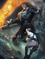 1boy 1girl artist_name black_gloves blue_shirt david_semsei elbow_pads fire flamethrower gloves gun highres holding holding_flamethrower holding_gun holding_weapon jill_valentine nemesis_(resident_evil) pants patreon_username resident_evil resident_evil_3:_nemesis resident_evil_3_(remake) shirt single_elbow_pad weapon