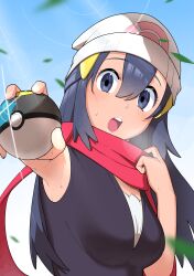1girl absurdres beanie black_shirt blue_eyes blue_hair breasts commentary creatures_(company) dawn_(pokemon) game_freak hair_between_eyes hair_ornament hairclip hat highres holding holding_poke_ball leaf long_hair looking_at_viewer medium_breasts mon!_(monmonlezard) moon_ball nintendo open_mouth poke_ball poke_ball_print pokemon pokemon_dppt red_scarf scarf shirt sleeveless sleeveless_shirt solo teeth upper_body upper_teeth_only white_hat