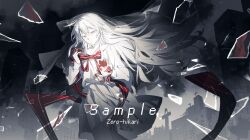 1girl absurdres arcaea blood blood_on_clothes blood_on_glass blood_on_hands building character_name chinese_commentary city closed_mouth commentary_request cross feet_out_of_frame floating_hair glass_shards grey_skirt hair_between_eyes highres hikari_(arcaea) hikari_(zero)_(arcaea) holding holding_ribbon long_hair long_sleeves looking_at_hand maboroshi_(freeze000) pleated_skirt red_ribbon ribbon sample_watermark shirt skirt skyscraper solo standing veil very_long_hair watermark white_hair white_shirt