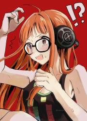 !? 1girl ahoge arm_up behind-the-head_headphones black_tank_top blush breasts cleavage headphones ikemen&#039;na_ore-shi knees_up long_hair medium_breasts open_mouth orange_hair persona persona_5 purple_eyes red_background sakura_futaba simple_background sweat tank_top tears upper_body very_long_hair
