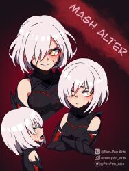 1girl alter_servant alternate_costume alternate_design angry armor black_armor black_shirt blood blood_on_face character_name crossed_arms fate/grand_order fate_(series) highres mash_kyrielight multiple_views pen-pen_arts red_background shirt short_hair simple_background sleeveless turtleneck twitter_username white_hair yellow_eyes