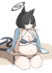 1girl animal_ear_fluff animal_ears bikini black_bikini black_eyes black_hair blue_archive blue_bikini blush bob_cut breasts bright_pupils cat_ears cat_tail cleavage flower flower_on_chest halo highres kikyou_(blue_archive) kikyou_(swimsuit)_(blue_archive) layered_bikini medium_breasts multiple_tails navel plump shawl short_hair side-tie_bikini_bottom sitting skindentation solo swimsuit tail thick_thighs thighs wawawaltz white_background white_pupils wristband