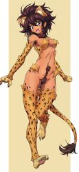 Rule 34 | 1girl, absurdres, animal ears, armpit hair, blue eyes, blush, brown hair, cat ears, cat girl, cat tail, claws, earrings, erakin, fang, full body, girls und panzer, gluteal fold, highres, jewelry, looking at viewer, navel, navel hair, navel piercing, open mouth, piercing, pubic hair, short hair, simple background, smile, solo, suzuki (girls und panzer), tail, yellow background