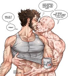 2boys abs arm_hair artist_name bald bara beard blush brown_hair chest_hair closed_eyes coffee_mug commentary couple cup deadpool deadpool_&amp;_wolverine deadpool_(series) english_commentary english_text facial_hair hairy hand_hair hand_on_another&#039;s_stomach hand_under_clothes highres holding holding_cup jams kiss large_pectorals looking_at_another male_focus male_pubic_hair marvel marvel_cinematic_universe mug multiple_boys muscular muscular_male nude pectorals pubic_hair pubic_hair_peek scar scars_all_over short_hair speech_bubble steam tank_top too_many twitter_username veins veiny_arms wolverine_(x-men) x-men yaoi