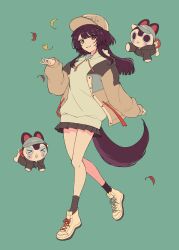 Rule 34 | 1girl, animal ears, ban (inui toko), baseball cap, brown hair, dog ears, dog girl, full body, haruwo, hat, heterochromia, highres, hood, hood down, hoodie, inui toko, jacket, ken (inui toko), long hair, looking at viewer, nijisanji, open clothes, open jacket, pleated skirt, red eyes, simple background, skirt, smile, standing, virtual youtuber, white hair, yellow eyes