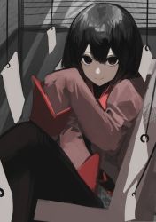 1girl black_eyes black_pantyhose black_undershirt bob_cut closed_mouth commentary crossed_legs empty_eyes gradient_eyes grey_skirt hair_between_eyes hand_up highres long_sleeves looking_at_viewer multicolored_eyes naoetsu_high_school_uniform oshino_ougi pale_skin pantyhose pink_shirt pleated_skirt red_eyes school_uniform shirt short_hair sitting skirt sleeves_past_fingers sleeves_past_wrists smile solo upturned_eyes window_blinds yamada_maya_(yamdmay)