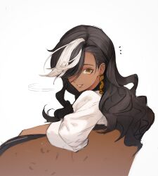 Rule 34 | 1girl, black hair, centurion (reverse:1999), chair, curly hair, dark-skinned female, dark skin, earrings, from side, grin, hair over one eye, highres, jewelry, long hair, looking at viewer, mmihpyy, multicolored hair, notice lines, on chair, one eye covered, reverse:1999, shirt, sitting, smile, solo, streaked hair, turning head, upper body, white background, white hair, white shirt