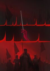 1girl 6+boys armor army banner borrowed_character colored_skin commentary conductor_baton english_commentary full_armor goddess_of_war_(porforever) helmet highres multiple_boys original red_skin red_theme the_kite