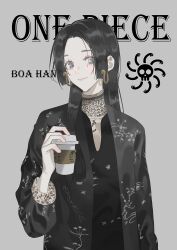 1girl black_hair black_jacket black_shirt boa_hancock closed_mouth commentary_request copyright_name cup disposable_coffee_cup disposable_cup earrings grey_eyes holding holding_cup jacket jewelry long_hair looking_at_viewer one_piece p_(pkochan) shirt snake_earrings solo