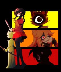 2girls 3boys ahoge animal_ears black_background black_hair black_thighhighs blonde_hair braid brown_jacket cassius000 closed_mouth defect_mogeko funamusea furry glowing glowing_eyes hair_over_one_eye highres holding holding_knife holding_sword holding_weapon jacket king_mogeko knife kurai_shinya kurai_yonaka long_hair looking_at_viewer moge-ko mogeko_(species) mogeko_castle multiple_boys multiple_girls one-eyed one_eye_closed pantyhose red_eyes red_skirt skirt sword thighhighs twin_braids weapon