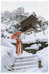 1girl absurdres artist_name black_hair border chinese_clothes cloak closed_mouth commentary day full_body hanfu highres holding holding_umbrella house long_hair oil-paper_umbrella original outdoors red_cloak snow solo stairs standing thien_ngo tree umbrella white_border white_hanfu wide_sleeves
