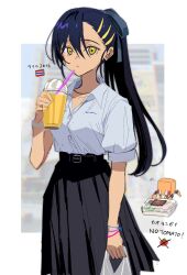 1girl black_hair bracelet collared_shirt conch_(gundam) drink food gundam gundam_gquuuuuux hair_ornament hair_ribbon hairclip highres holding holding_drink jewelry kawachi_rin long_hair non-humanoid_robot nyaan_(gundam_gquuuuuux) open_mouth ponytail ribbon robot school_uniform shirt short_sleeves skirt solo thai_flag thai_school_uniform white_shirt yellow_eyes