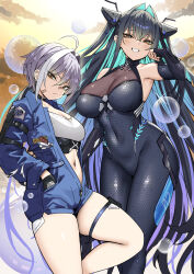 Rule 34 | 2girls, bandaid, bandaid on face, bare shoulders, black gloves, black hair, blue jumpsuit, blush, bodysuit, breasts, brown eyes, cleavage, closed mouth, colored skin, commentary, crop top, crossed bangs, gloves, goddess of victory: nikke, green hair, grey hair, hair intakes, hands in pockets, highres, jumpsuit, large breasts, little mermaid (nikke), long hair, looking at viewer, mori (nikke), multiple girls, navel, open jumpsuit, see-through cleavage, see-through clothes, short jumpsuit, skindentation, sky-freedom, smile, thigh strap, thighs, very long hair