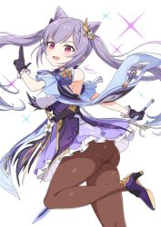 Rule 34 | 1girl, ass, bare shoulders, blush, breasts, detached sleeves, dress, from side, genshin impact, gloves, hair ornament, hairpin, high heels, highres, kamuraaa 615, keqing (genshin impact), long hair, looking at viewer, medium breasts, open mouth, pantyhose, purple dress, purple eyes, purple hair, short dress, sideboob, smile, solo, sword, twintails, very long hair, weapon