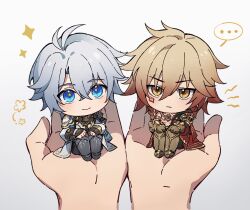 Rule 34 | ..., 2boys, armor, armored boots, armored gloves, belt collar, bilingual commentary, blonde hair, blue eyes, blue hair, boots, chest tattoo, chibi, chinese commentary, coat, collar, collared coat, commentary, commentary request, english commentary, facial tattoo, gold necklace, gradient hair, highres, holding chibi, honkai: star rail, honkai (series), jewelry, male focus, mixed-language commentary, multicolored hair, multiple boys, mydei (honkai: star rail), necklace, open clothes, open coat, orange eyes, osamu18568716, pauldrons, phainon (honkai: star rail), red hair, red tattoo, shirt, shoulder armor, simple background, single pauldron, sitting, smile, sparkle, spoken ellipsis, tattoo, white background, white coat