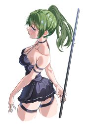 Rule 34 | 1girl, arm strap, armlet, bare arms, belt, black belt, black choker, black dress, blue eyes, breasts, choker, collarbone, commentary request, cowboy shot, dress, from above, from side, green hair, high ponytail, highres, holding, holding staff, holding weapon, jewelry, looking at viewer, medium breasts, nape, o-ring, ponytail, side ponytail, simple background, solo, sousou no frieren, staff, suspenders hanging, thigh strap, tongue, tongue out, ubel (sousou no frieren), upper body, uyufuzi s, weapon, white background