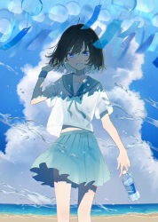1girl ahoge arm_at_side beach black_hair blue_bow blue_bowtie blue_eyes blue_sailor_collar blue_skirt blue_sky bottle bow bowtie choppy_bangs cloud cloudy_sky collarbone colored_inner_hair comiket_100 commentary_request cowboy_shot day english_text glint grin hair_ornament hairclip hand_in_own_hair hand_up highres holding holding_bottle looking_at_viewer miniskirt multicolored_hair necojishi ocean original outdoors parallel_hairclips pleated_skirt sailor_collar sand school_uniform serafuku shadow shirt short_hair short_sleeves skirt sky smile solo sparkle standing straight-on swimsuit water water_bottle water_drop white_hair white_shirt wind_chime wristband