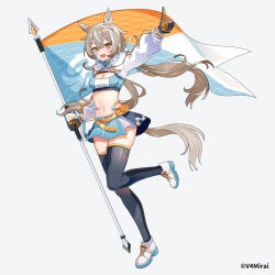 1girl animal_ears bandaid bandaid_on_cheek bandaid_on_face bandaid_on_stomach banner belt belt_pouch biscotti_(vtuber) blue_eyes breasts brown_eyes brown_hair checkered_clothes checkered_skirt chest_strap cropped_hoodie full_body gloves hair_ornament highres holding_banner hood hoodie horse_ears horse_girl karasu_btk long_hair midriff multicolored_eyes multicolored_hair multicolored_skirt navel official_art open_mouth orange_belt orange_gloves pointing pointing_up pouch scrunchie shoes skirt smile solo standing standing_on_one_leg streaked_hair tail thighhighs twintails two-tone_gloves v4mirai virtual_youtuber white_hair white_hoodie white_scrunchie white_shoes