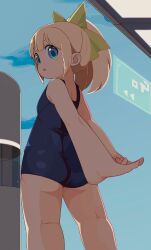 1girl arms_behind_back ass blonde_hair blue_eyes highres kneepits looking_at_viewer looking_back looking_down mega_man_(series) one-piece_swimsuit roll_(mega_man) school_swimsuit slyger_ex solo swimsuit thighs