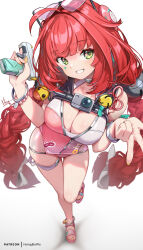 1girl bare_shoulders blush braid breasts cleavage eyewear_on_head green_eyes grin heart heart-shaped_eyewear highres hong_(white_spider) large_breasts long_hair looking_at_viewer one-piece_swimsuit pink_one-piece_swimsuit red_hair smile solo sphere_hair_ornament swimsuit twin_braids two-tone_one-piece_swimsuit ukinami_yuzuha ukinami_yuzuha_(tanuki_in_broad_daylight) water_gun white_one-piece_swimsuit zenless_zone_zero