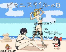 Rule 34 | 3girls, arms up, artist name, ass, barefoot, beach, bikini, black bikini, black hair, blonde hair, blue bikini, blue eyes, breasts, charlotte christine de colde, chibi, dated, feet, grey eyes, hair ribbon, hat, heterochromia, highres, japanese text, large breasts, legs, long hair, looking at viewer, mamahaha, multiple girls, nakoruru, ocean, ponytail, purple eyes, red bikini, red eyes, ribbon, samurai spirits, shiki (samurai spirits), short hair, sitting, small breasts, smile, snk, swimsuit, thighs, translated, water
