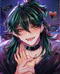 1boy artist_name black_collar black_hair black_nails black_shirt collar face_piercing green_streaks heart highres indoors ivutyozo lip_piercing long_hair looking_at_viewer multicolored_hair piercing pink_eyes portrait shirt solivan_brugmansia solo speech_bubble streaked_hair the_kid_at_the_back