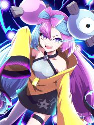1girl blue_hair bow-shaped_hair breasts character_hair_ornament fake_hair_bun grey_pantyhose hair_ornament halter_shirt halterneck hexagon_print highres iono_(pokemon) jacket long_hair mamiya_myanmar medium_breasts multicolored_hair nintendo open_mouth pantyhose pink_hair pokemon pokemon_sv sharp_teeth single_leg_pantyhose sleeves_past_fingers sleeves_past_wrists smile solo split-color_hair teeth very_long_sleeves x yellow_jacket