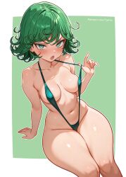 1girl :o absurdres alternate_breast_size armpit_crease blush breasts collarbone green_eyes green_hair green_slingshot_swimsuit highres large_breasts looking_at_viewer navel one-punch_man open_mouth outline reus_(cetta) short_hair simple_background sitting slingshot_swimsuit solo stomach swimsuit tatsumaki thighs v-shaped_eyebrows white_outline