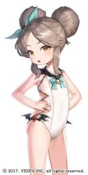1girl aged_down bare_shoulders bat_ornament brown_eyes brown_hair commentary_request cowboy_shot double_bun flat_chest green_ribbon hair_bun hair_ribbon hands_on_own_hips hwansang_jungdog king&#039;s_raid korean_commentary lewisia_(king&#039;s_raid) medium_hair mixed-language_commentary official_alternate_costume official_art one-piece_swimsuit open_mouth parted_bangs partial_commentary ribbon sidelocks simple_background solo swimsuit white_background white_one-piece_swimsuit