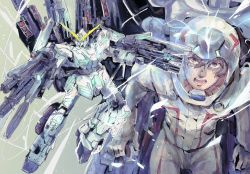 1boy arm_cannon banagher_links bodysuit brown_eyes brown_hair commentary dual_wielding full_armor_unicorn_gundam gatling_gun glowing gun gundam gundam_unicorn helmet highres holding holding_gun holding_weapon kare_(0621utak) looking_at_viewer male_focus mecha mecha_pilot_suit missile missile_pod mobile_suit normal_suit_(gundam) nt-d open_mouth pilot_suit robot shield unicorn_gundam v-fin weapon weapon_on_back white_bodysuit white_headwear