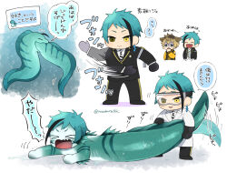 3boys animal animalization blue_hair brothers chibi commentary_request dragging eel eel_boy fins floyd_leech goggles green_eyes head_fins heterochromia hyena_boy hyena_ears jade_leech lab_coat madara6k male_focus monster_boy multiple_boys multiple_views night_raven_college_uniform ruggie_bucchi school_uniform sharp_teeth short_hair siblings tail tail_wagging teeth translation_request twins twisted_wonderland white_background yellow_eyes