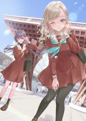 2girls :d ;) absurdres aqua_neckerchief black_pantyhose black_shoes blue_eyes blush breasts briefcase brown_dress brown_shoes ceras_yanagida_lilienfeld commentary dress edel_note grey_hair hair_intakes hair_ornament hair_ribbon hasu_no_sora_school_uniform highres ishikawa_prefecture kanazawa_station katsuragi_izumi kobassy large_breasts leaning_forward lens_flare link!_like!_love_live! loafers long_hair long_sleeves looking_at_viewer love_live! mary_janes medium_breasts medium_dress multiple_girls neckerchief one_eye_closed open_mouth orange_eyes outdoors pantyhose people pink_ribbon pleated_dress real_world_location ribbon sailor_collar sailor_dress school_briefcase school_uniform shoes smile swept_bangs triangle_hair_ornament virtual_youtuber white_sailor_collar winter_uniform wolf_cut yellow_neckerchief