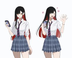Rule 34 | 1girl, black hair, bracelet, breasts, closed eyes, colored inner hair, earrings, highres, holding, jewelry, long hair, multicolored hair, multiple views, necktie, open mouth, plaid clothes, plaid skirt, pleated skirt, project sekai, red hair, school uniform, shiaknl, shiraishi an, shirt, shirt tucked in, simple background, skirt, smile, two-tone hair, white background, white shirt