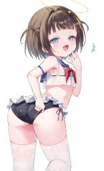 1girl ass bikini black_panties blue_eyes blush brown_hair fang hair_ornament halo hand_on_own_ass highres loli looking_at_viewer open_mouth original panties rangtori see-through_clothes short_hair solo star_(symbol) star_hair_ornament sweat swimsuit thighhighs tongue underwear white_thighhighs