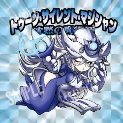 1girl blue_dress comic_hand dress duel_monster gloves grey_hair hat hip_vent holding holding_wand long_hair one_eye_closed sample_watermark second-party_source silent_magician sticker tabard wand watermark white_gloves white_hat white_tabard wizard_hat yu-gi-oh!